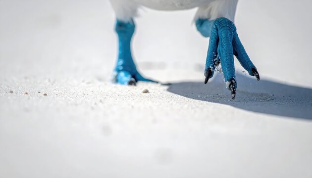 Blue footed booby bird feet on white sand.