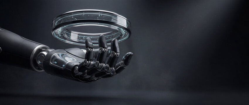 Robotic Hand Levitating Glowing Metallic Ring with Futuristic Light Particles