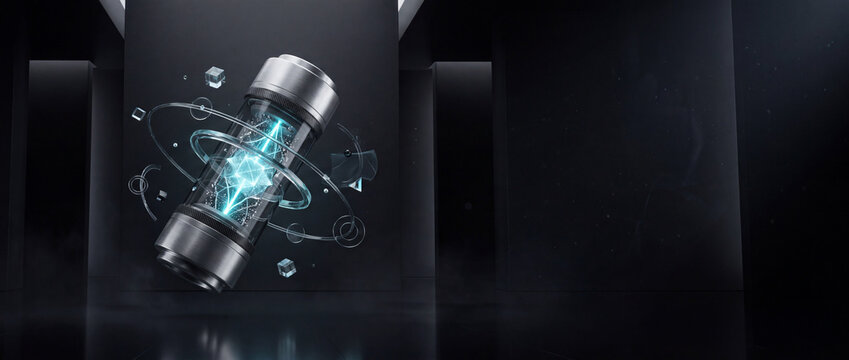 Futuristic Quantum Crystal Core in Dark Minimalist Technology Showroom