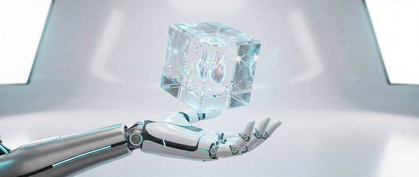 Robotic Cyborg Hand Holding Futuristic Transparent Bio-Tech Cube