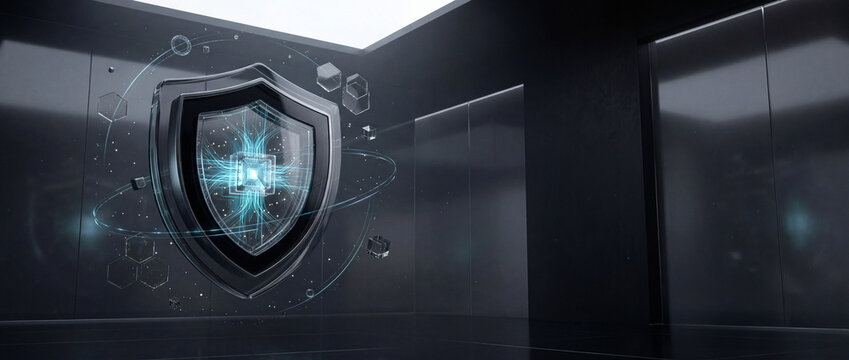 Metallic Cyber Protection Shield with Glowing Blue Microchip Processor