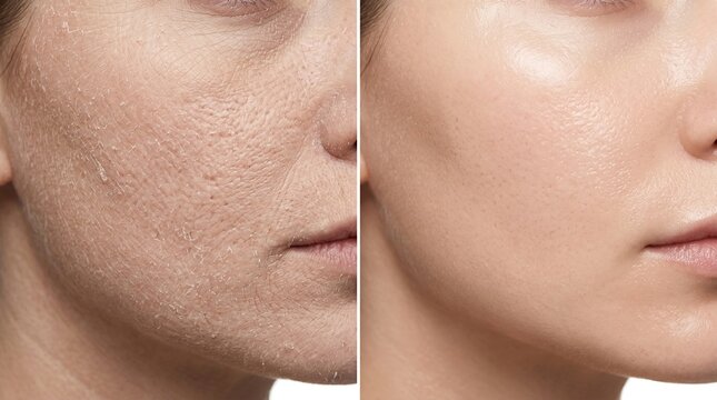 Before and after comparison of extreme dry dehydrated skin texture vs glowing face