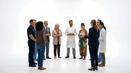 Obraz premium Diverse professionals from various industries and backgrounds engaging in a collaborative discussion, forming a circle of communication and teamwork in a clean, bright studio environment