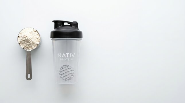 A sleek Nativ protein shaker stands beside a metal scoop filled with creamy protein powder. The clean, bright surface enhances the freshness of post-workout nutrition.