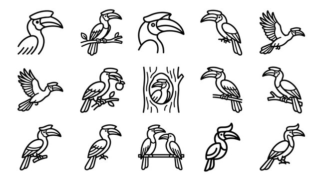 Hornbill Icon Set: Diverse Poses and Actions