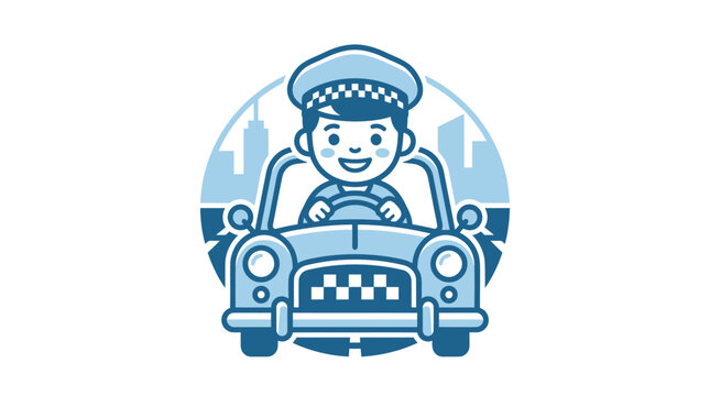 Smiling cartoon taxi driver illustration.