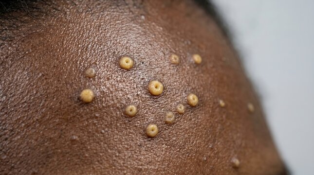 Close up of sebaceous hyperplasia yellowish papules on dark skin forehead