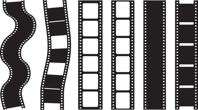 Vintage film strip collection featuring various curved and straight layouts for creative cinema media projects