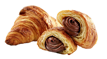 Fototapeta premium Chocolate filled croissants one whole, two halves showing creamy filling
