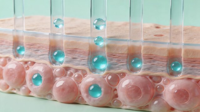 3D rendering of nutritional fluid droplets penetrating micro channels into dermis
