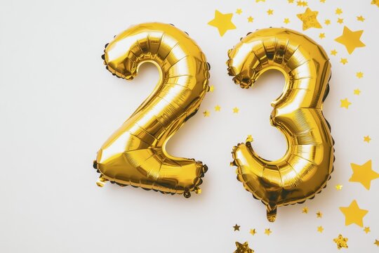 Golden 23 balloons celebrating anniversary on white background with stars