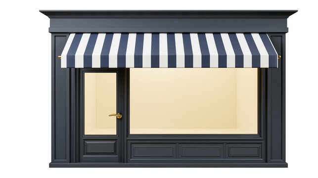Dark gray storefront with blue and white striped awning and glass door
