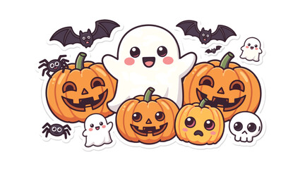 Fototapeta premium Cute halloween characters including a friendly ghost, carved pumpkins, bats, spiders, and a skull on a white background