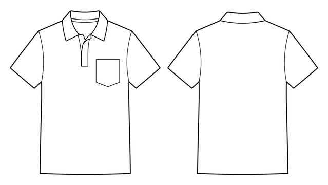 Men's pocket polo shirt flat sketch fashion technical drawing template with front and back view for transparent background