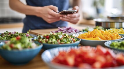 Obraz premium Capturing healthy homemade salad creations on a smartphone in a modern kitchen setting