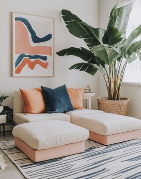 Modern minimalist living room with tropical plant and abstract art