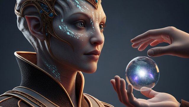 Female alien queen with glowing skin holding a magical glowing crystal ball containing a galaxy, futuristic fantasy sci-fi concept portrait