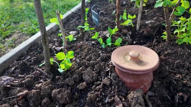 Poterie d'arrosage en terre cuite (Oyas), plant&eacute;e en terre dans une plate-bande en bois. Sc&egrave;ne avec le soleil et la lumi&egrave;re du matin au printemps.