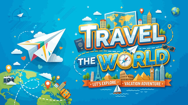 Travel the World Concept: Paper Plane, Globe, Landmarks & Adventure Icons