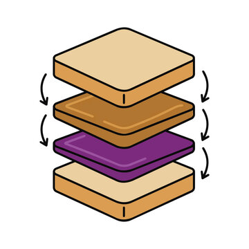 Isometric vector illustration of a peanut butter and jelly sandwich in an exploded, layered view