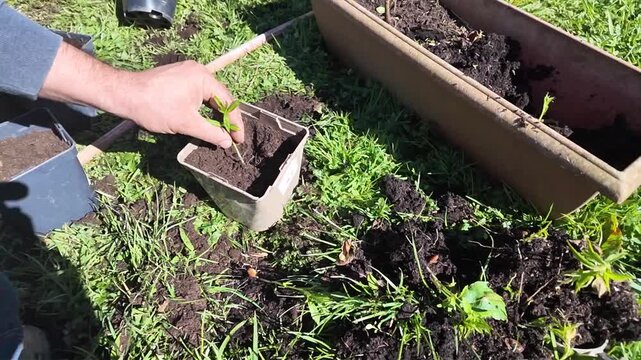 S&eacute;paration de jeunes arbustes (P&ecirc;che de vigne) qui ont pouss&eacute;s dans la terre depuis leurs noyaux. Sc&egrave;ne au printemps avec un temps ensoleill&eacute;.