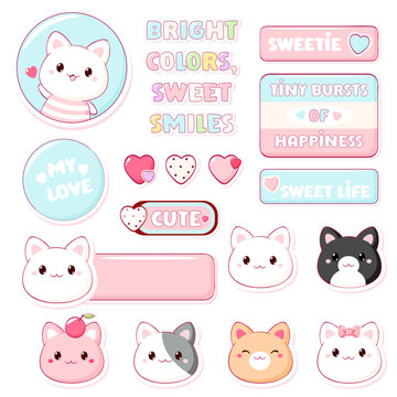 Vector Set for scrapbooking in kawaii style. Cute badge, tag, label with cat, heart, speech bubble. Sweet kitty themed сollection of cozy sticker. Can be used for t-shirt print, sticker, badge