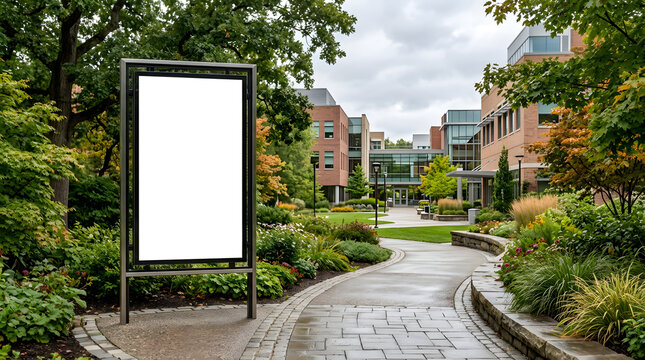 blank billboard in university campus garden