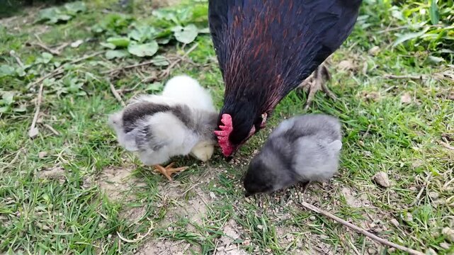 Des poussins et une poule noire en libert&eacute;, qui picorent des graines dans une basse-cour. Sc&egrave;ne en journ&eacute;e dans le poulailler en ext&eacute;rieur.