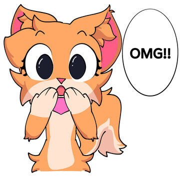 Cute orange fox emoticon impressed say wow expression