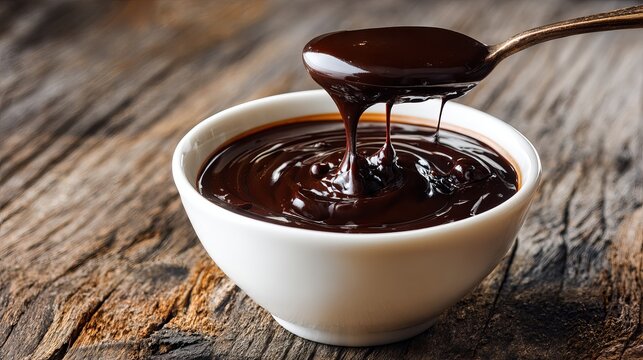 Rich, dark chocolate sauce dripping from a spoon into a white bowl on a rustic wooden table, a decadent treat