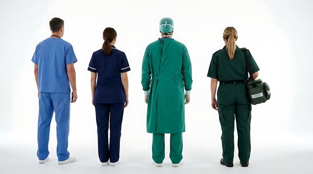 Four medical professionals standing with their backs to the camera, wearing different uniforms, against a white background.