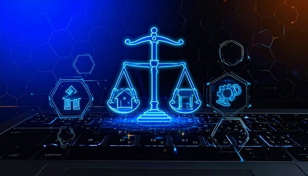 Laptop glowing balance scale law finance