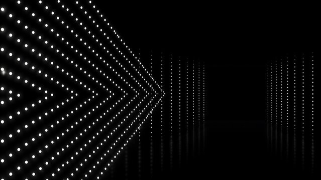 Rows of glowing white dots form a triangular wave pattern, transitioning into a dark rectangular space with shrinking vertical columns.