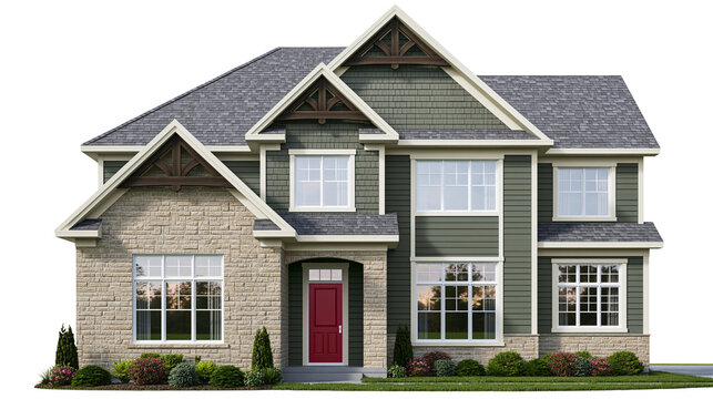 Two-story house with stone and green siding red door, and multiple windows