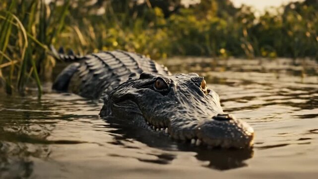 Majestic Alligator Emerging from Swampy Water at Golden Hour, Wildlife Predator in Natural Habitat, Reptile Close-up, Adventure and Nature Photography