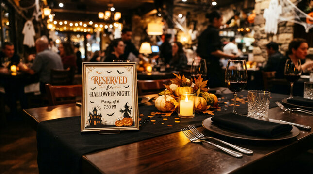 Reserved restaurant table with festive Halloween table setting
