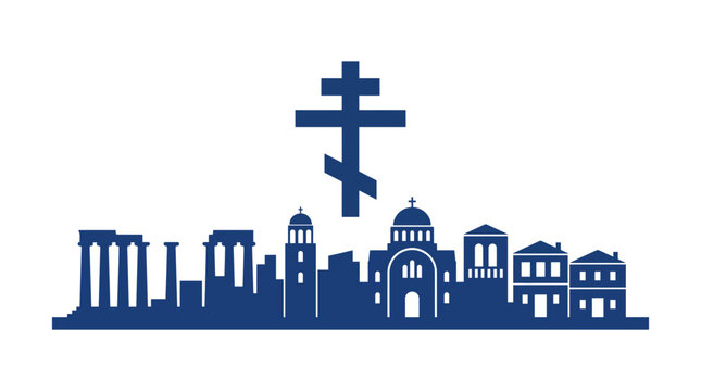 Greece Skyline Silhouette Featuring Cross Icon of Orthodox Heritage