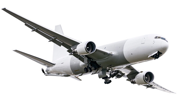 Large cargo airplane with landing gear extended, flying