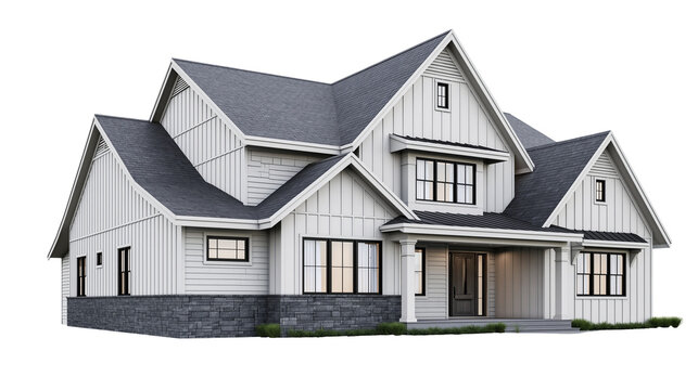Modern farmhouse style house with gray stone base and white siding