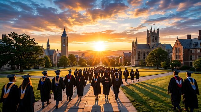 Graduates in caps and gowns walk towards a vibrant sunset over a historic university campus with grand buildings and a clock tower.