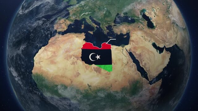 Realistic Earth from space zoom to Libya, Cinematic 3d world map animation with country borders, tourism, and travel