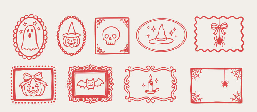 Hand drawn Halloween vignette frame collection with ghost skull, pumpkin, witch hat, spider web, hanging spider, candle and bat vector illustration