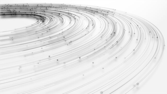 Abstract gray flowing lines with floating particles on white background, minimalist curved wave pattern, futuristic technology communication, fiber connection, 3d rendering