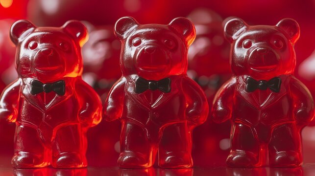 A vibrant close-up showcases a trio of red gummy bears, playfully posed in formal attire against a monochromatic red backdrop