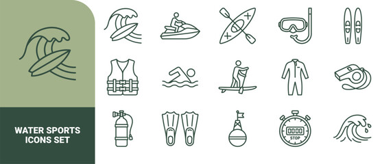 Water sports and aquatic activity set featuring surfing, diving equipment, swimming gear, kayaking, and lifesaving safety symbols © ico-vect