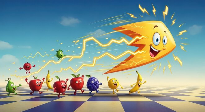 Cartoon fruit being zapped by lightning.