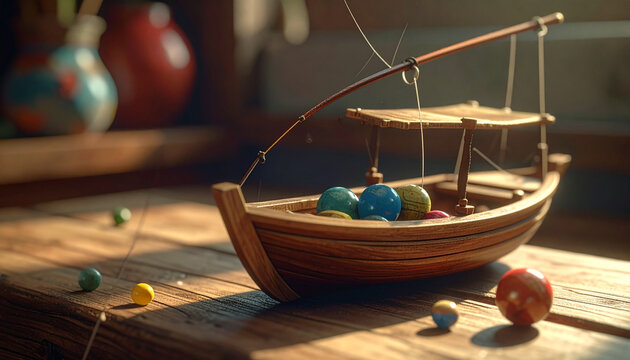 Wooden toy boat with colorful spheres