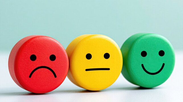 Customer Experience Feedback And Satisfaction Survey With Red, Yellow, And Green Emoticon Blocks Mood And Service Quality