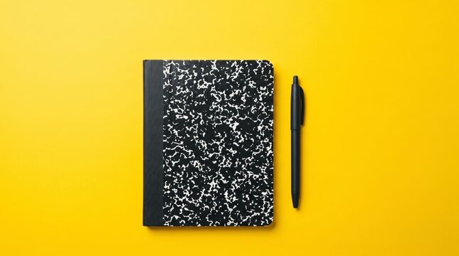 Classic composition notebook with black pen on yellow backdrop