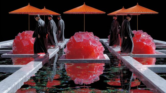 Group of people walking on platforms with large red objects and umbrellas in a dark setting during an artistic event
